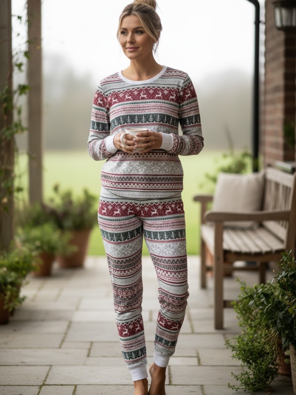 Christmas Family Pajamas, Cozy Fair Isle Two-Piece Lounge Set - Red & Green